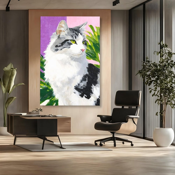 Leinwand Wandkunst Canvas Premium, LuxCanva® M1501, Emerald Lady, Natur, Botanik, Pastell, Malerei, Grün, Blätter, Katze, Tiere, Schlafzimmer, Büro, Wohnzimmer, Kinderzimmer