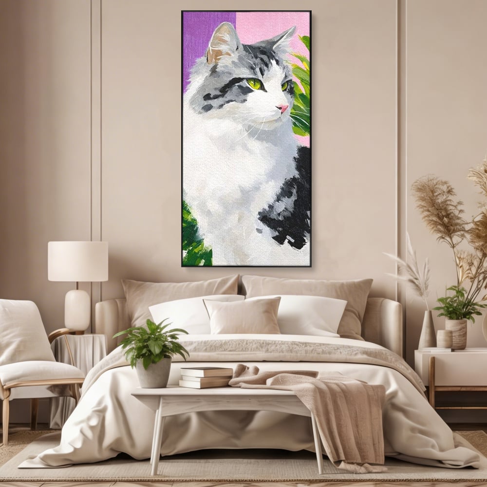 Leinwand Wandkunst Canvas Premium, LuxCanva® M1501, Emerald Lady, Natur, Botanik, Pastell, Malerei, Grün, Blätter, Katze, Tiere, Schlafzimmer, Büro, Wohnzimmer, Kinderzimmer