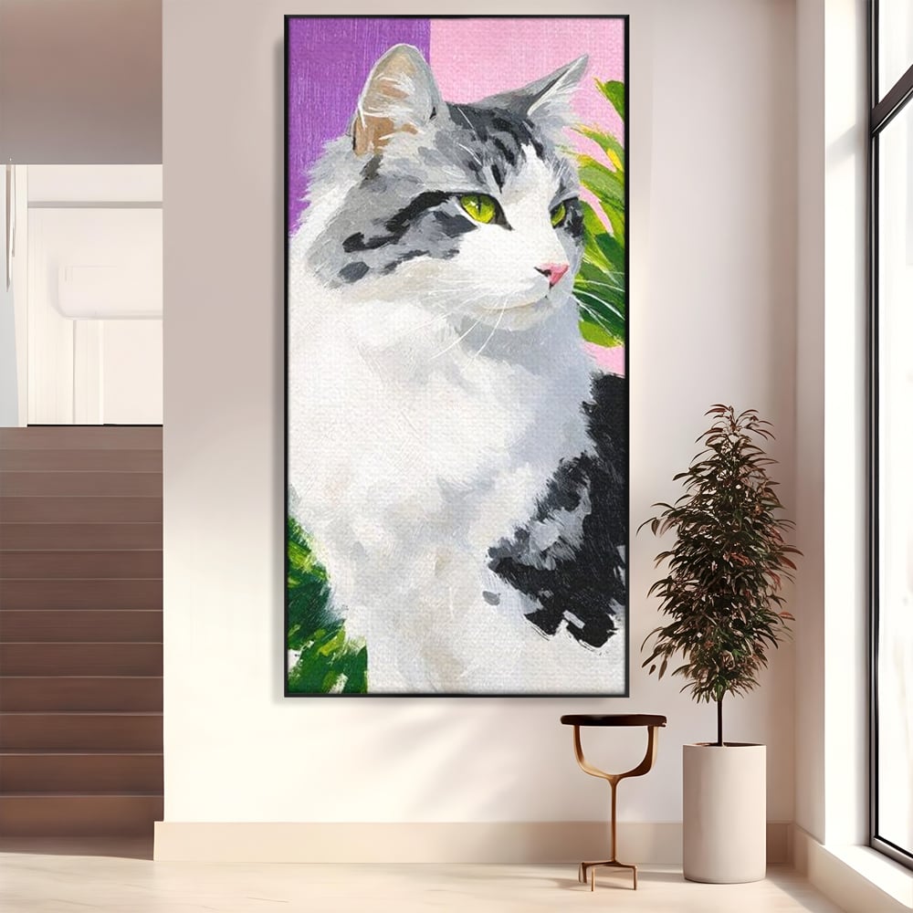 Leinwand Wandkunst Canvas Premium, LuxCanva® M1501, Emerald Lady, Natur, Botanik, Pastell, Malerei, Grün, Blätter, Katze, Tiere, Schlafzimmer, Büro, Wohnzimmer, Kinderzimmer