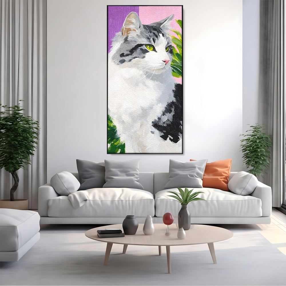 Leinwand Wandkunst Canvas Premium, LuxCanva® M1501, Emerald Lady, Natur, Botanik, Pastell, Malerei, Grün, Blätter, Katze, Tiere, Schlafzimmer, Büro, Wohnzimmer, Kinderzimmer