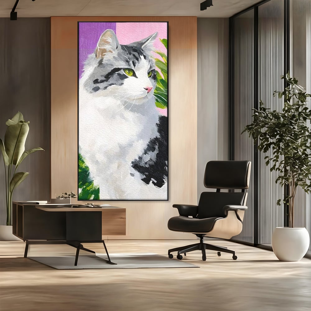 Leinwand Wandkunst Canvas Premium, LuxCanva® M1501, Emerald Lady, Natur, Botanik, Pastell, Malerei, Grün, Blätter, Katze, Tiere, Schlafzimmer, Büro, Wohnzimmer, Kinderzimmer