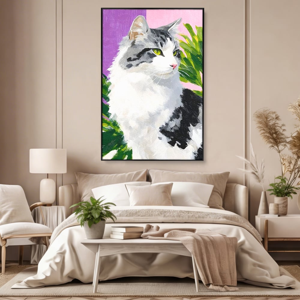 Leinwand Wandkunst Canvas Premium, LuxCanva® M1501, Emerald Lady, Natur, Botanik, Pastell, Malerei, Grün, Blätter, Katze, Tiere, Schlafzimmer, Büro, Wohnzimmer, Kinderzimmer