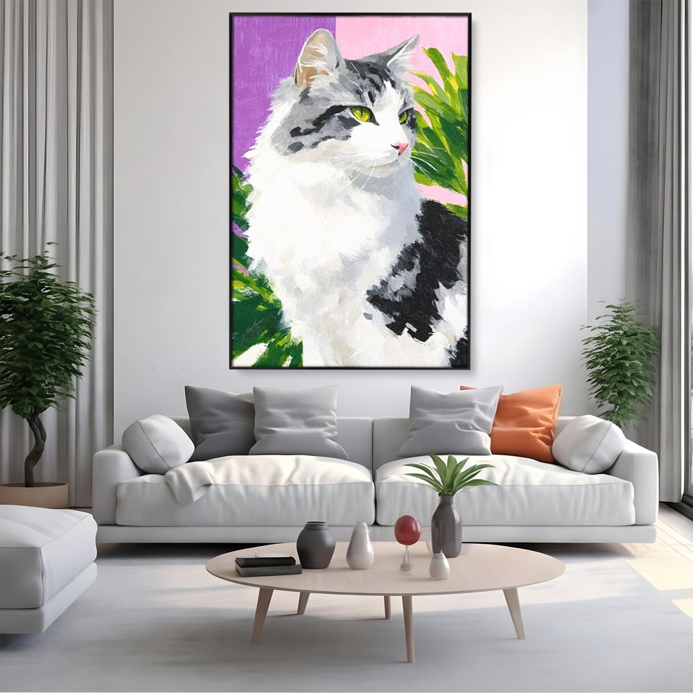 Leinwand Wandkunst Canvas Premium, LuxCanva® M1501, Emerald Lady, Natur, Botanik, Pastell, Malerei, Grün, Blätter, Katze, Tiere, Schlafzimmer, Büro, Wohnzimmer, Kinderzimmer