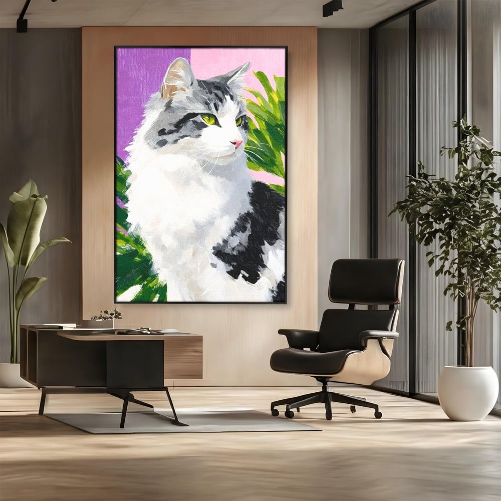 Leinwand Wandkunst Canvas Premium, LuxCanva® M1501, Emerald Lady, Natur, Botanik, Pastell, Malerei, Grün, Blätter, Katze, Tiere, Schlafzimmer, Büro, Wohnzimmer, Kinderzimmer