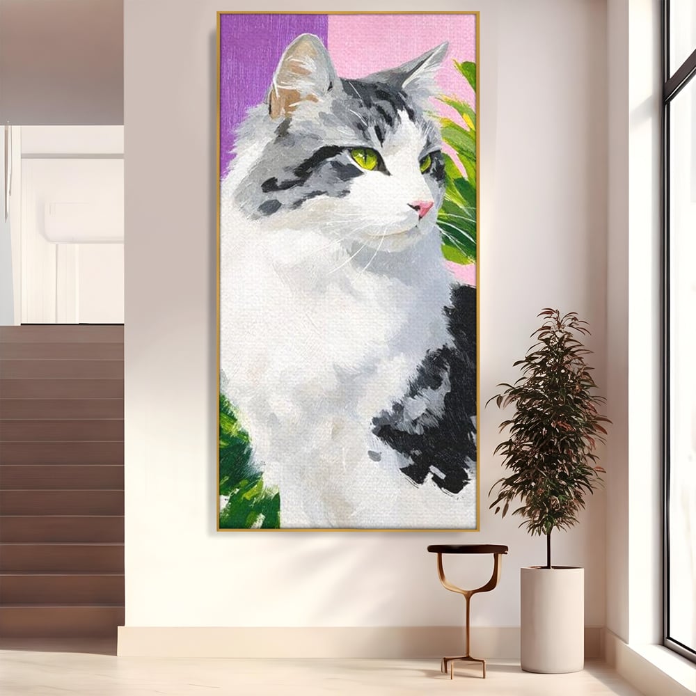 Leinwand Wandkunst Canvas Premium, LuxCanva® M1501, Emerald Lady, Natur, Botanik, Pastell, Malerei, Grün, Blätter, Katze, Tiere, Schlafzimmer, Büro, Wohnzimmer, Kinderzimmer