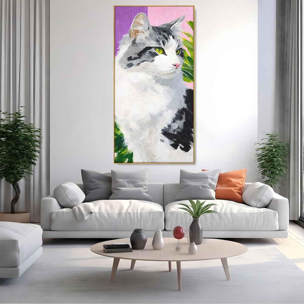 Leinwand Wandkunst Canvas Premium, LuxCanva® M1501, Emerald Lady, Natur, Botanik, Pastell, Malerei, Grün, Blätter, Katze, Tiere, Schlafzimmer, Büro, Wohnzimmer, Kinderzimmer
