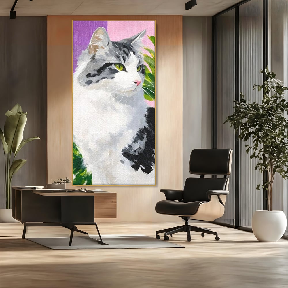 Leinwand Wandkunst Canvas Premium, LuxCanva® M1501, Emerald Lady, Natur, Botanik, Pastell, Malerei, Grün, Blätter, Katze, Tiere, Schlafzimmer, Büro, Wohnzimmer, Kinderzimmer