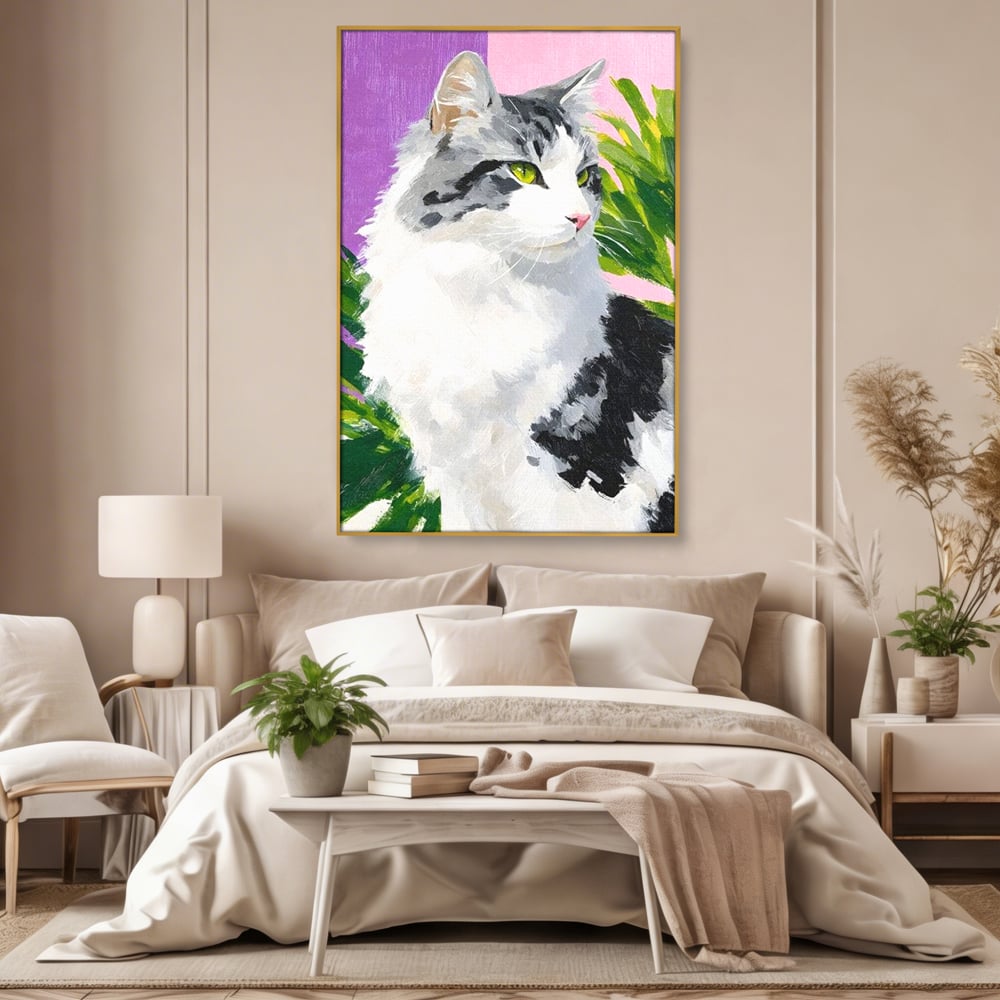 Leinwand Wandkunst Canvas Premium, LuxCanva® M1501, Emerald Lady, Natur, Botanik, Pastell, Malerei, Grün, Blätter, Katze, Tiere, Schlafzimmer, Büro, Wohnzimmer, Kinderzimmer