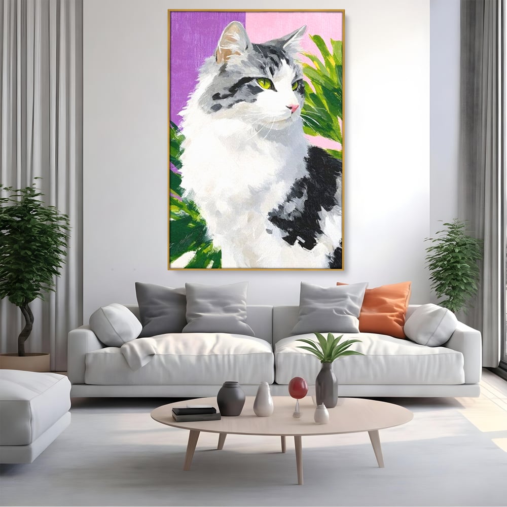 Leinwand Wandkunst Canvas Premium, LuxCanva® M1501, Emerald Lady, Natur, Botanik, Pastell, Malerei, Grün, Blätter, Katze, Tiere, Schlafzimmer, Büro, Wohnzimmer, Kinderzimmer