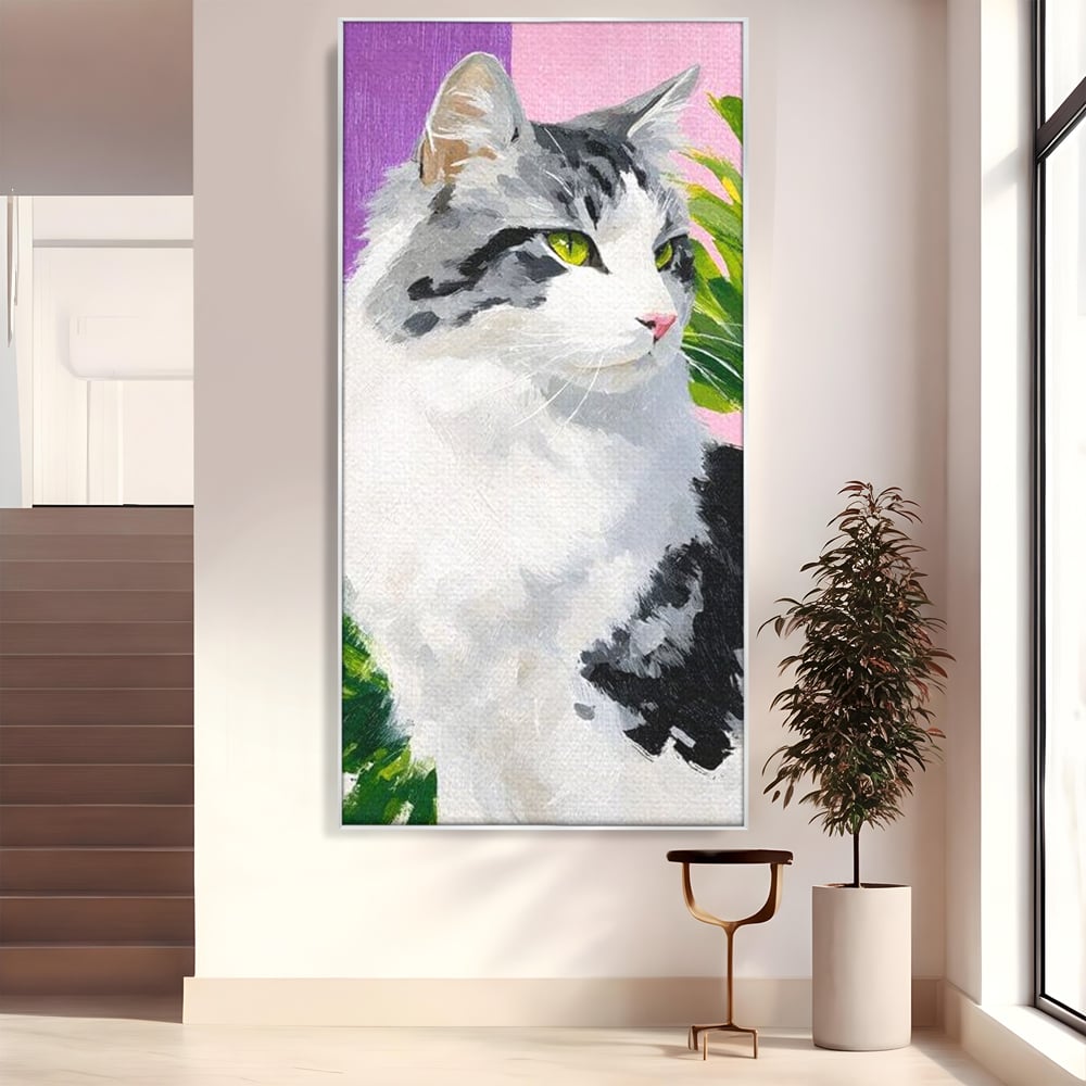 Leinwand Wandkunst Canvas Premium, LuxCanva® M1501, Emerald Lady, Natur, Botanik, Pastell, Malerei, Grün, Blätter, Katze, Tiere, Schlafzimmer, Büro, Wohnzimmer, Kinderzimmer