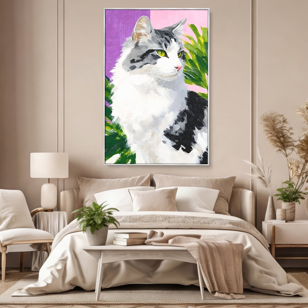 Leinwand Wandkunst Canvas Premium, LuxCanva® M1501, Emerald Lady, Natur, Botanik, Pastell, Malerei, Grün, Blätter, Katze, Tiere, Schlafzimmer, Büro, Wohnzimmer, Kinderzimmer