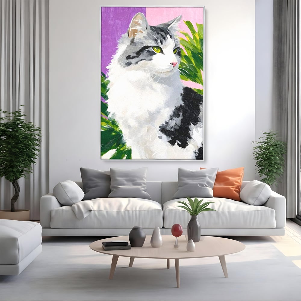 Leinwand Wandkunst Canvas Premium, LuxCanva® M1501, Emerald Lady, Natur, Botanik, Pastell, Malerei, Grün, Blätter, Katze, Tiere, Schlafzimmer, Büro, Wohnzimmer, Kinderzimmer