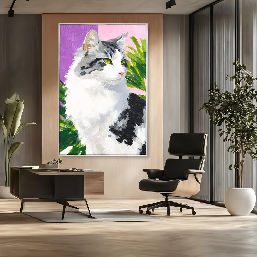 Leinwand Wandkunst Canvas Premium, LuxCanva® M1501, Emerald Lady, Natur, Botanik, Pastell, Malerei, Grün, Blätter, Katze, Tiere, Schlafzimmer, Büro, Wohnzimmer, Kinderzimmer