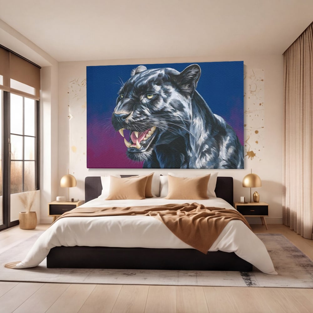 Leinwand Wandkunst Canvas Premium, LuxCanva® M1502, Königin der Schatten, Panther, Panther, Reißzähne, Bestie, Wild, Wildtier, Wild, Raget, Feline, Jäger, Schlafzimmer, Büro, Wohnzimmer, Kinderzimmer