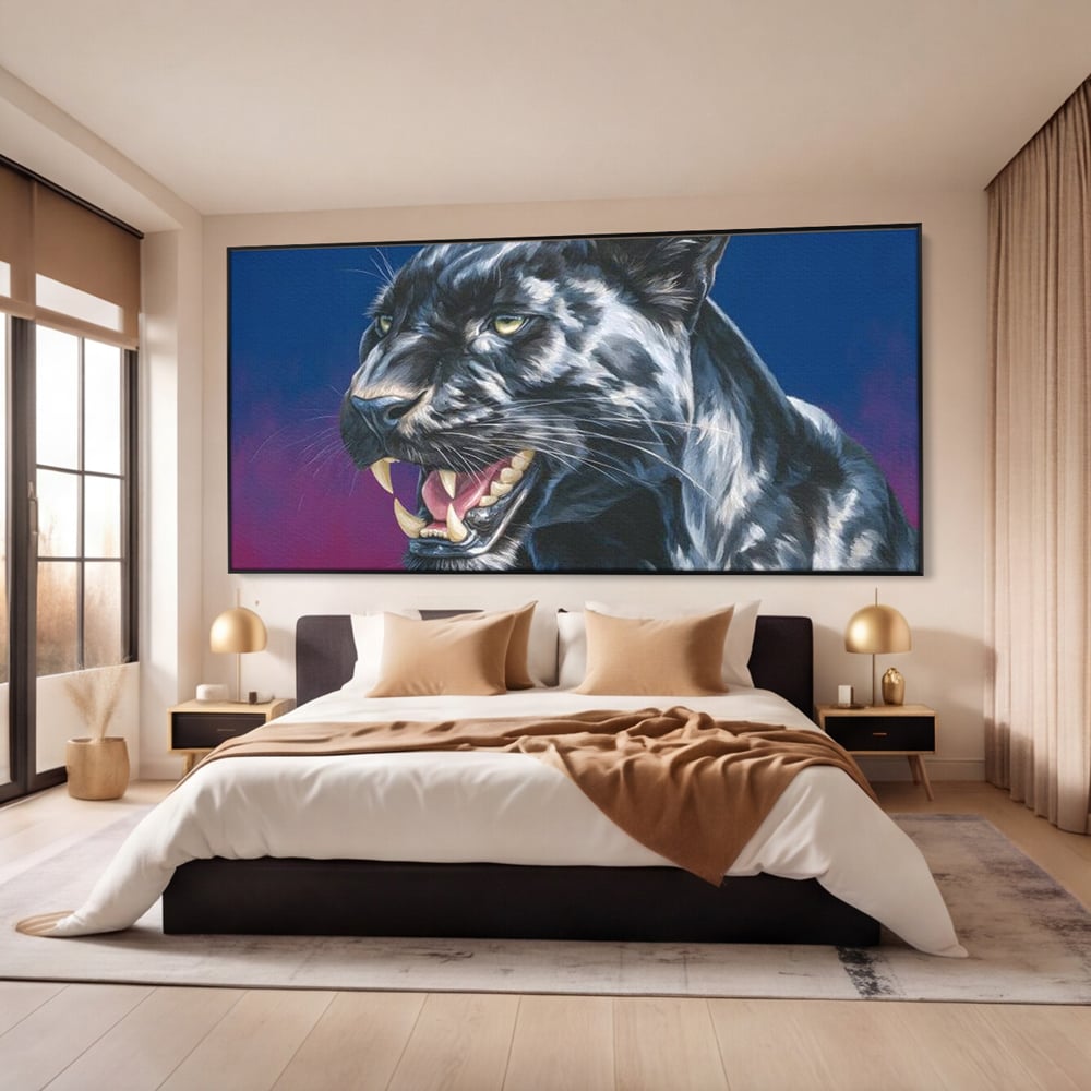 Leinwand Wandkunst Canvas Premium, LuxCanva® M1502, Königin der Schatten, Panther, Panther, Reißzähne, Bestie, Wild, Wildtier, Wild, Raget, Feline, Jäger, Schlafzimmer, Büro, Wohnzimmer, Kinderzimmer