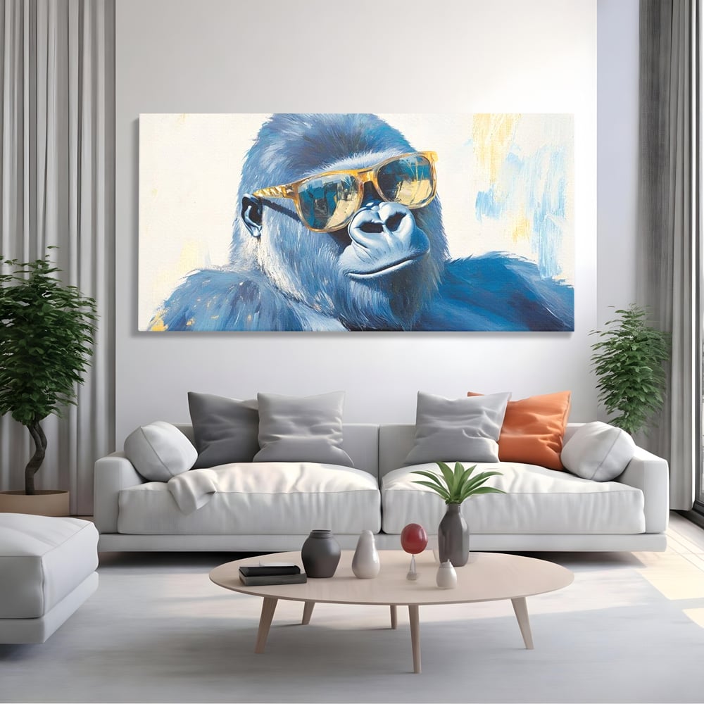 Tablou Canvas Premium, LuxCanva® M1503, Gorilla King, Gorila, Cool, Ochelari de Soare, Urban, Jungla, Vacanta, Auriu, Dormitor, Birou, Living, Camera Copil