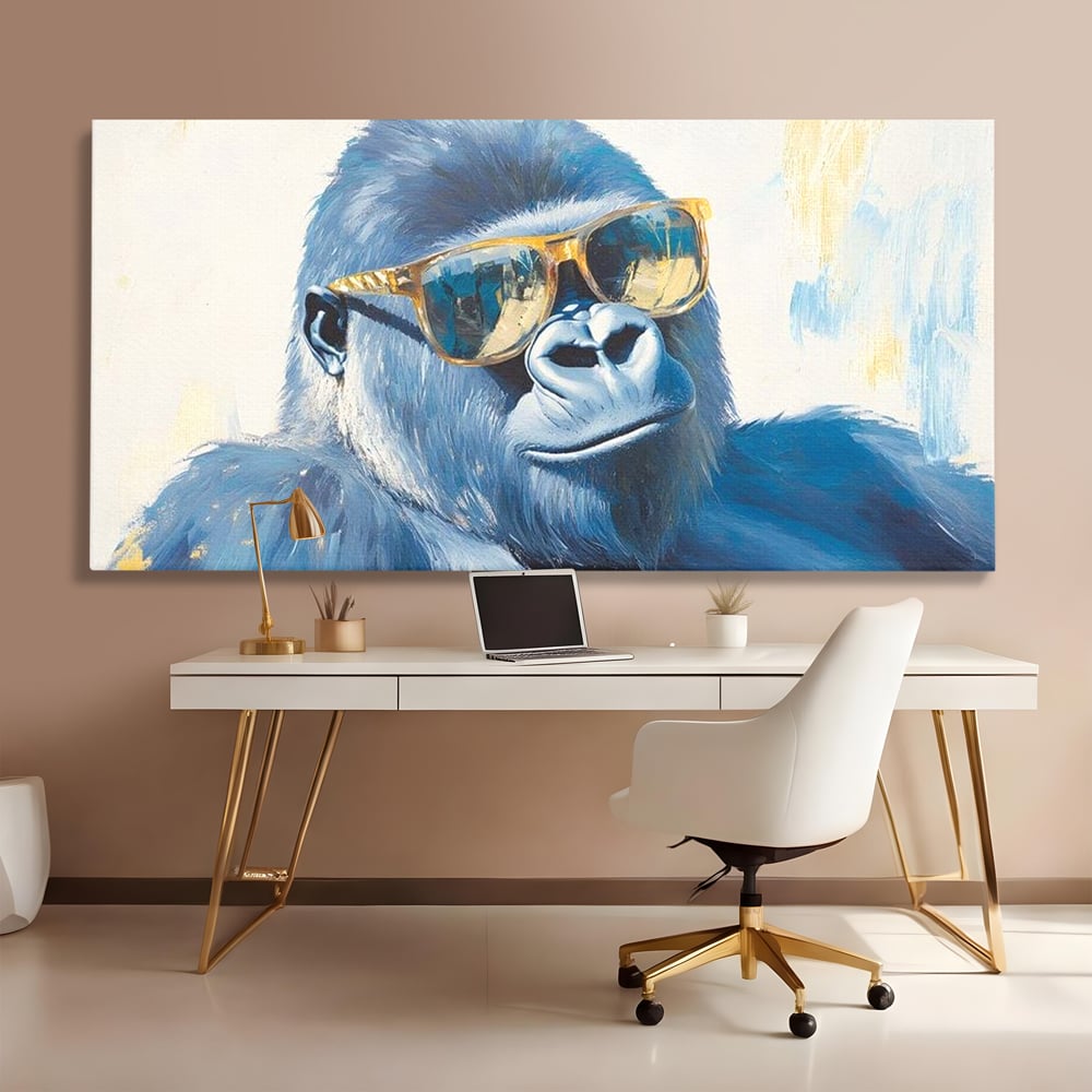 Tablou Canvas Premium, LuxCanva® M1503, Gorilla King, Gorila, Cool, Ochelari de Soare, Urban, Jungla, Vacanta, Auriu, Dormitor, Birou, Living, Camera Copil