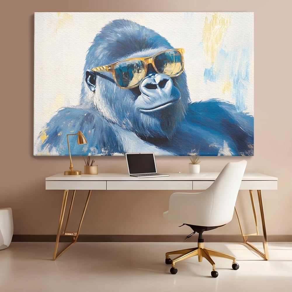 Tablou Canvas Premium, LuxCanva® M1503, Gorilla King, Gorila, Cool, Ochelari de Soare, Urban, Jungla, Vacanta, Auriu, Dormitor, Birou, Living, Camera Copil