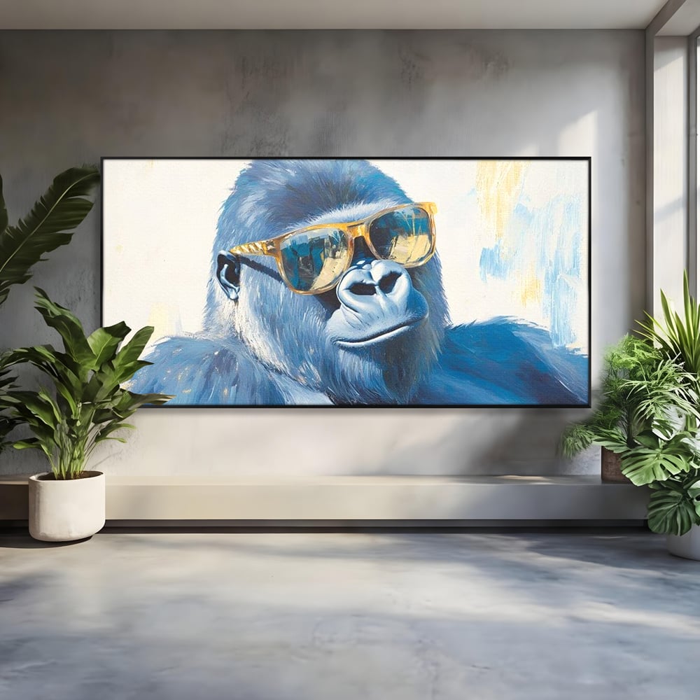 Tablou Canvas Premium, LuxCanva® M1503, Gorilla King, Gorila, Cool, Ochelari de Soare, Urban, Jungla, Vacanta, Auriu, Dormitor, Birou, Living, Camera Copil