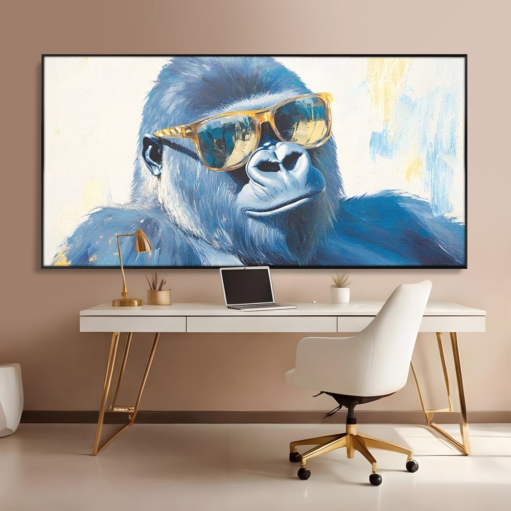 Tablou Canvas Premium, LuxCanva® M1503, Gorilla King, Gorila, Cool, Ochelari de Soare, Urban, Jungla, Vacanta, Auriu, Dormitor, Birou, Living, Camera Copil