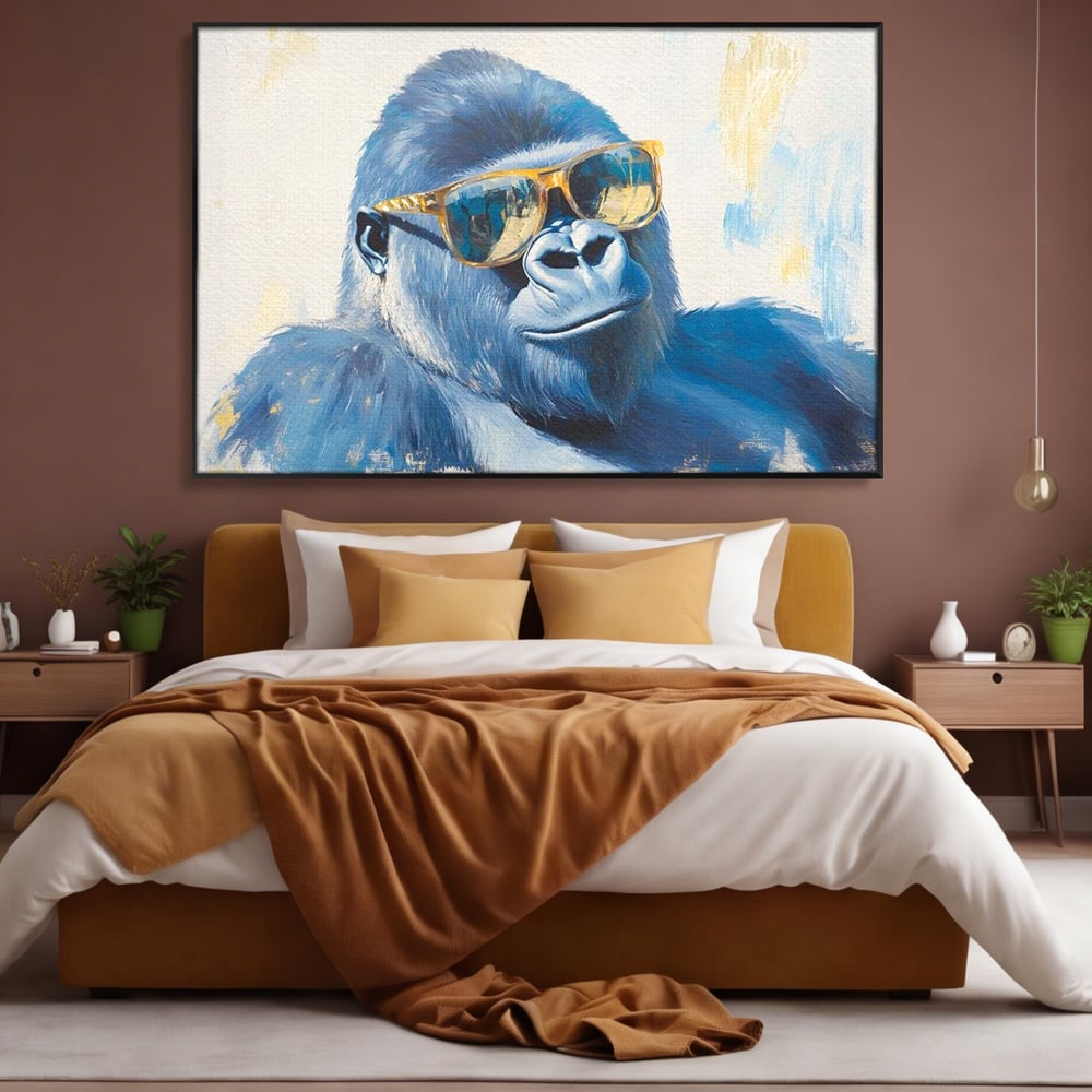 Tablou Canvas Premium, LuxCanva® M1503, Gorilla King, Gorila, Cool, Ochelari de Soare, Urban, Jungla, Vacanta, Auriu, Dormitor, Birou, Living, Camera Copil