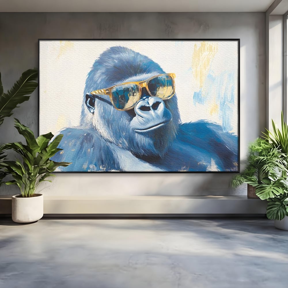 Tablou Canvas Premium, LuxCanva® M1503, Gorilla King, Gorila, Cool, Ochelari de Soare, Urban, Jungla, Vacanta, Auriu, Dormitor, Birou, Living, Camera Copil