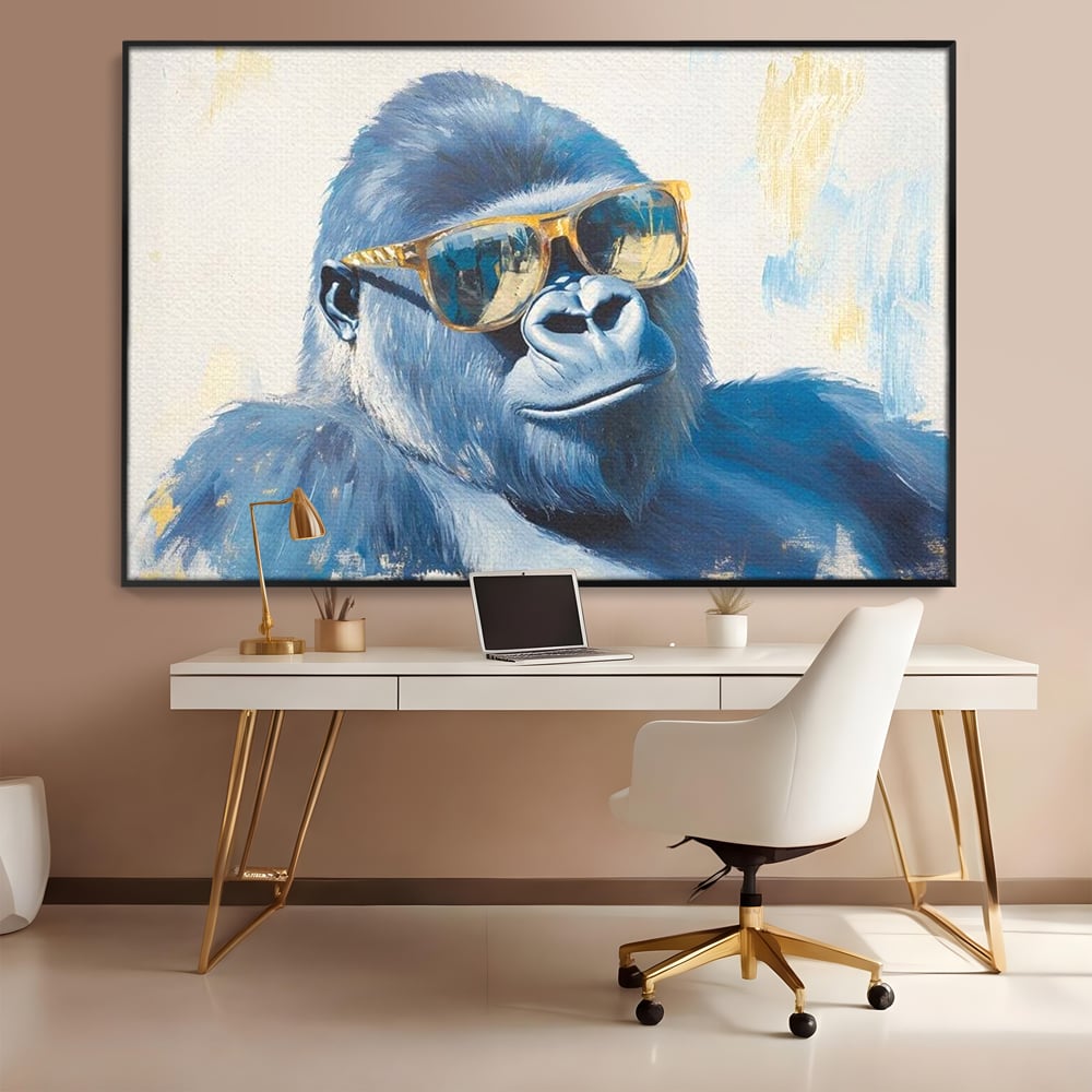 Tablou Canvas Premium, LuxCanva® M1503, Gorilla King, Gorila, Cool, Ochelari de Soare, Urban, Jungla, Vacanta, Auriu, Dormitor, Birou, Living, Camera Copil