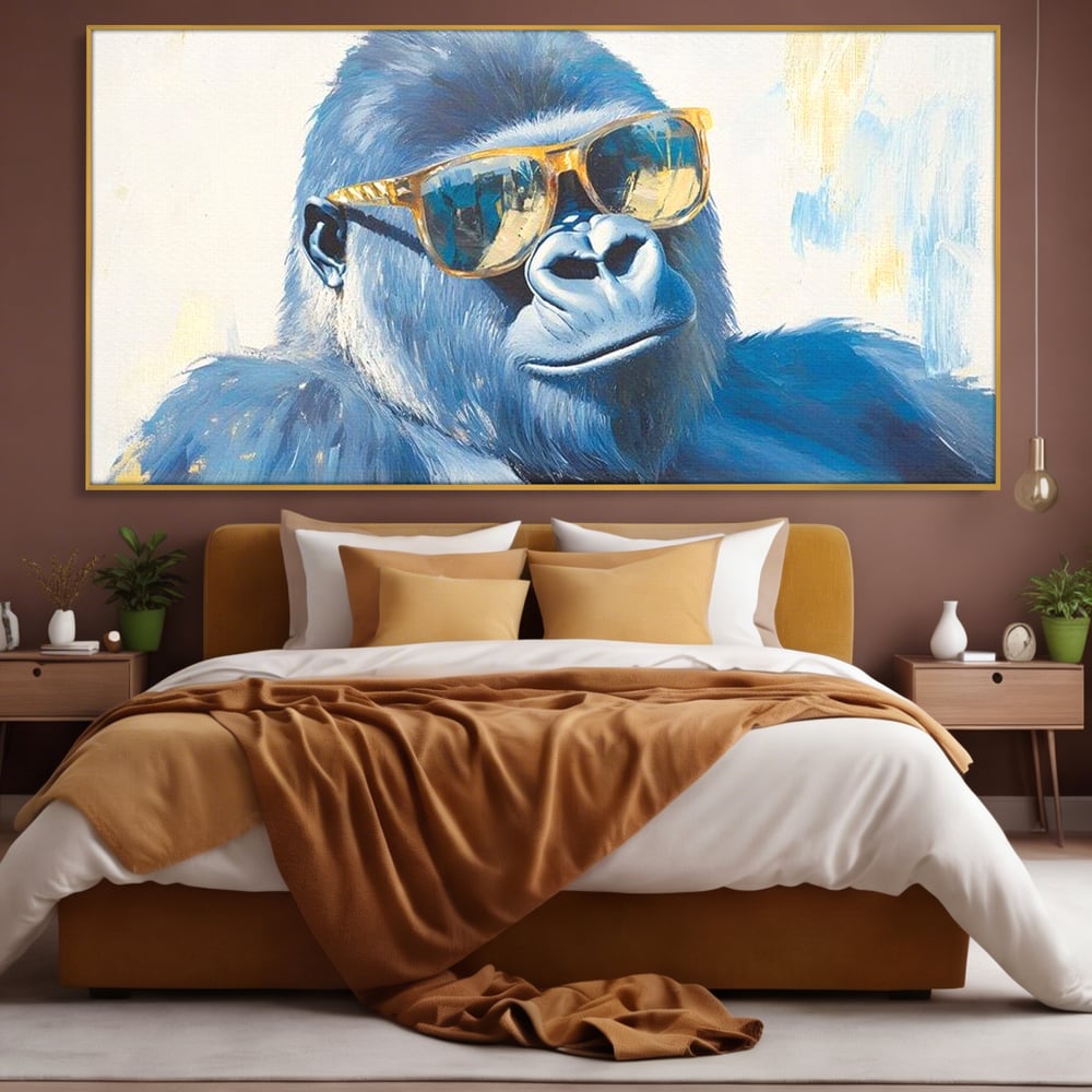 Tablou Canvas Premium, LuxCanva® M1503, Gorilla King, Gorila, Cool, Ochelari de Soare, Urban, Jungla, Vacanta, Auriu, Dormitor, Birou, Living, Camera Copil