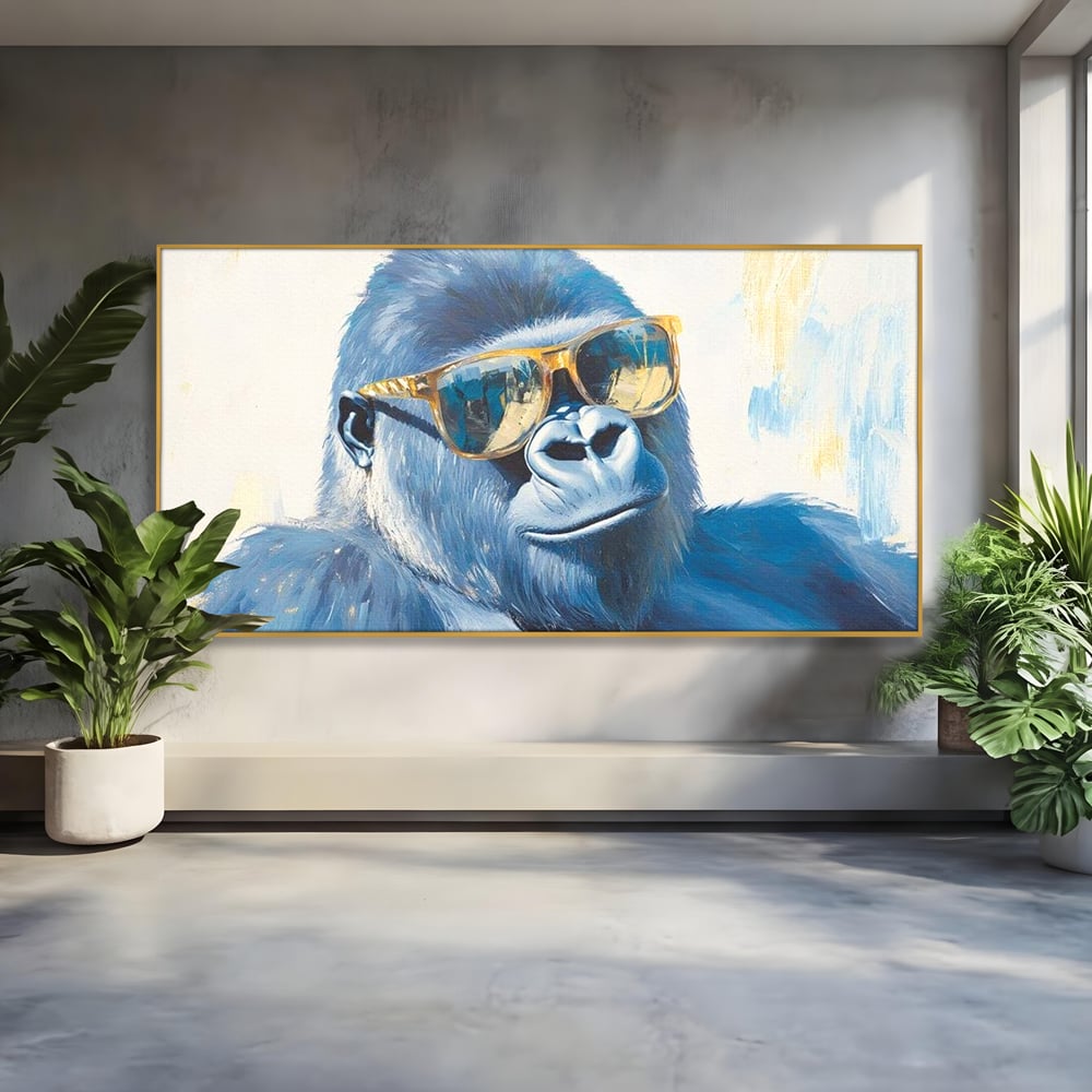 Tablou Canvas Premium, LuxCanva® M1503, Gorilla King, Gorila, Cool, Ochelari de Soare, Urban, Jungla, Vacanta, Auriu, Dormitor, Birou, Living, Camera Copil