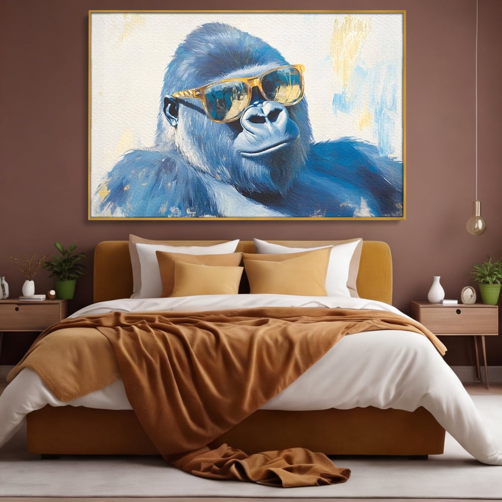 Tablou Canvas Premium, LuxCanva® M1503, Gorilla King, Gorila, Cool, Ochelari de Soare, Urban, Jungla, Vacanta, Auriu, Dormitor, Birou, Living, Camera Copil
