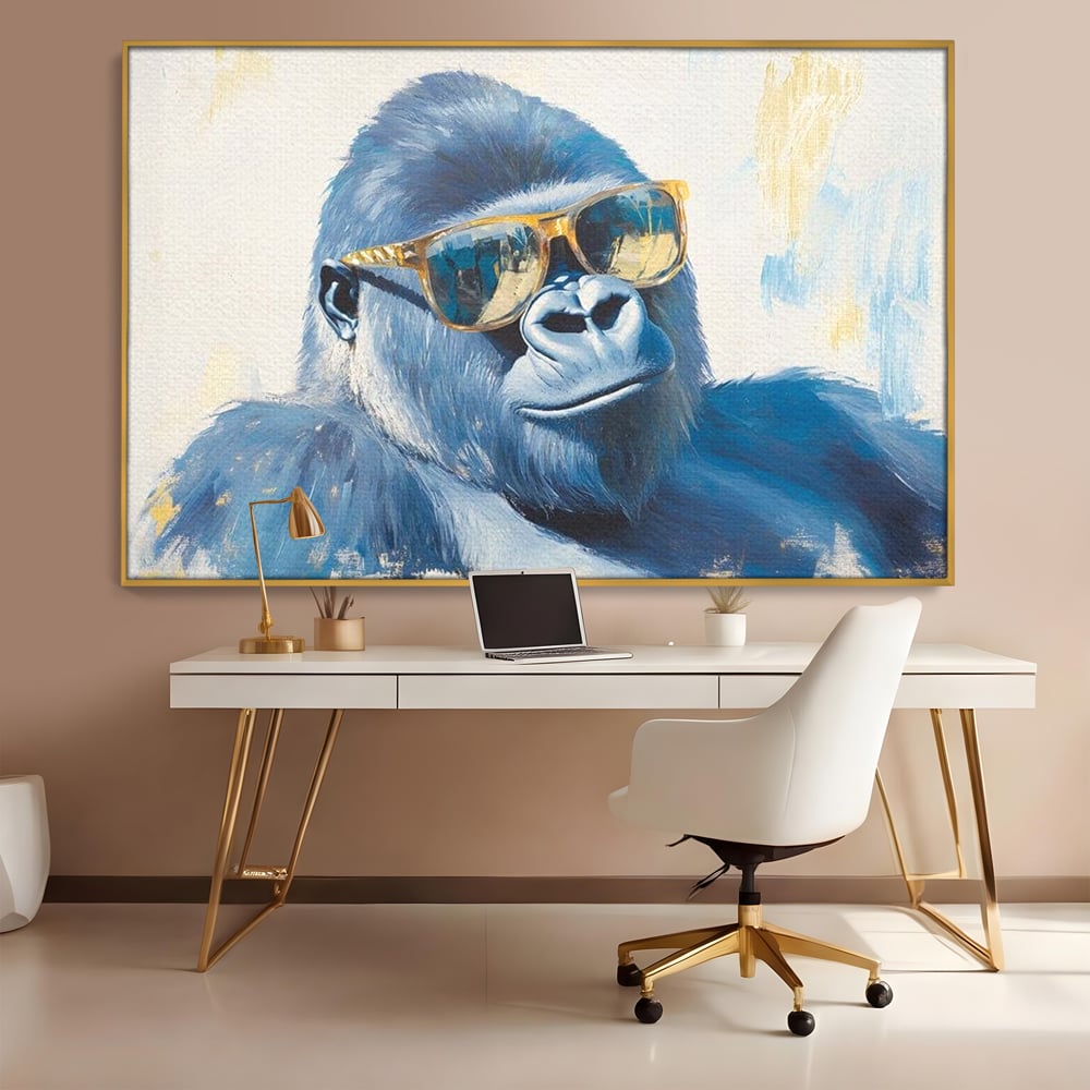 Tablou Canvas Premium, LuxCanva® M1503, Gorilla King, Gorila, Cool, Ochelari de Soare, Urban, Jungla, Vacanta, Auriu, Dormitor, Birou, Living, Camera Copil