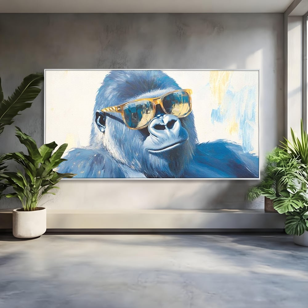 Tablou Canvas Premium, LuxCanva® M1503, Gorilla King, Gorila, Cool, Ochelari de Soare, Urban, Jungla, Vacanta, Auriu, Dormitor, Birou, Living, Camera Copil