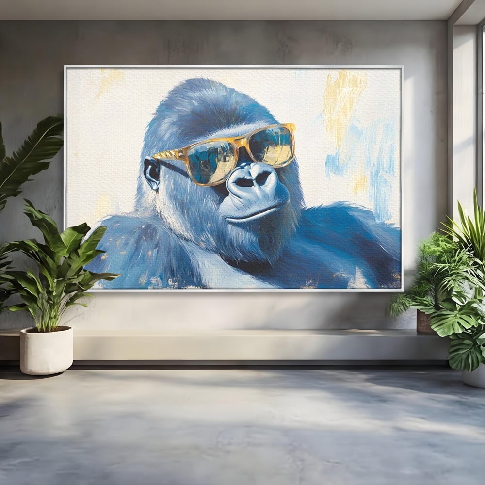 Tablou Canvas Premium, LuxCanva® M1503, Gorilla King, Gorila, Cool, Ochelari de Soare, Urban, Jungla, Vacanta, Auriu, Dormitor, Birou, Living, Camera Copil