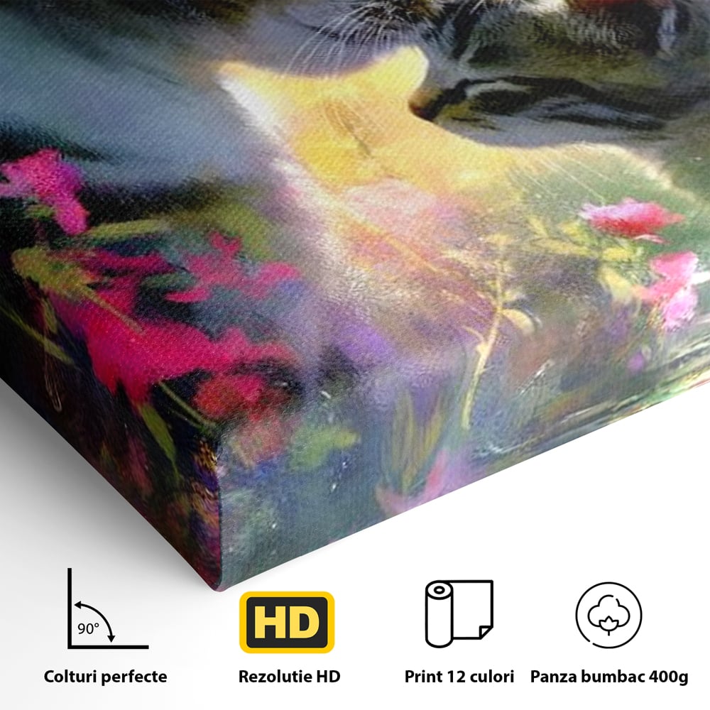 Leinwand Wandkunst Leinwand Wandkunst Premium, LuxCanva® M1508, Ein Moment der Zärtlichkeit, Katzen, Garten, Blumen, Liebe, Mama, Mutti, Huhn, Familie, Paradies, Schlafzimmer, Büro, Wohnen, Babyzimmer