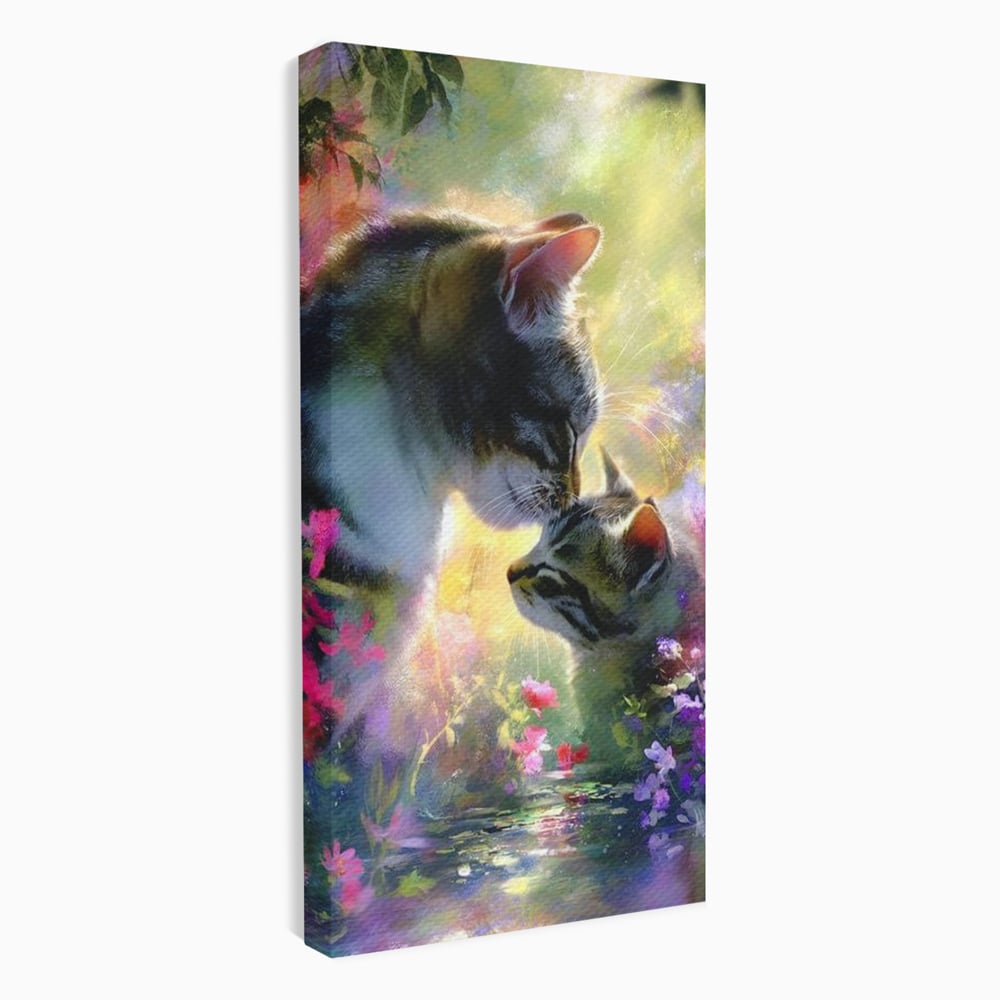 Leinwand Wandkunst Leinwand Wandkunst Premium, LuxCanva® M1508, Ein Moment der Zärtlichkeit, Katzen, Garten, Blumen, Liebe, Mama, Mutti, Huhn, Familie, Paradies, Schlafzimmer, Büro, Wohnen, Babyzimmer