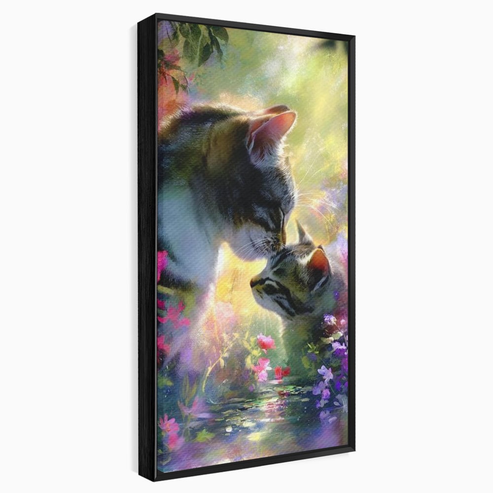 Leinwand Wandkunst Leinwand Wandkunst Premium, LuxCanva® M1508, Ein Moment der Zärtlichkeit, Katzen, Garten, Blumen, Liebe, Mama, Mutti, Huhn, Familie, Paradies, Schlafzimmer, Büro, Wohnen, Babyzimmer