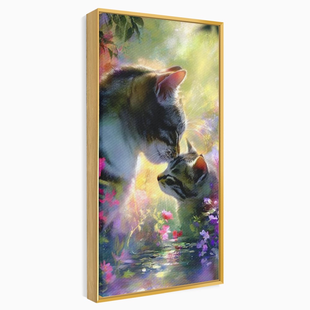 Leinwand Wandkunst Leinwand Wandkunst Premium, LuxCanva® M1508, Ein Moment der Zärtlichkeit, Katzen, Garten, Blumen, Liebe, Mama, Mutti, Huhn, Familie, Paradies, Schlafzimmer, Büro, Wohnen, Babyzimmer