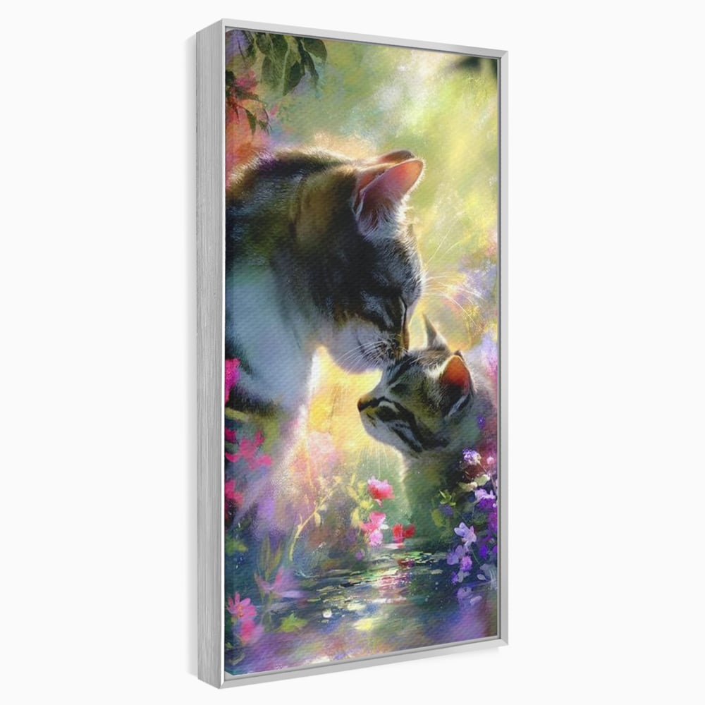 Leinwand Wandkunst Leinwand Wandkunst Premium, LuxCanva® M1508, Ein Moment der Zärtlichkeit, Katzen, Garten, Blumen, Liebe, Mama, Mutti, Huhn, Familie, Paradies, Schlafzimmer, Büro, Wohnen, Babyzimmer