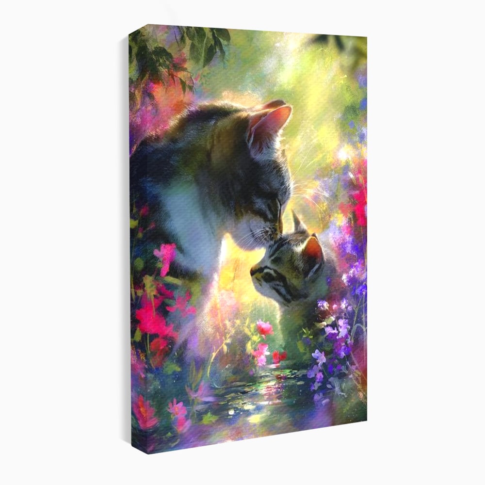 Leinwand Wandkunst Leinwand Wandkunst Premium, LuxCanva® M1508, Ein Moment der Zärtlichkeit, Katzen, Garten, Blumen, Liebe, Mama, Mutti, Huhn, Familie, Paradies, Schlafzimmer, Büro, Wohnen, Babyzimmer