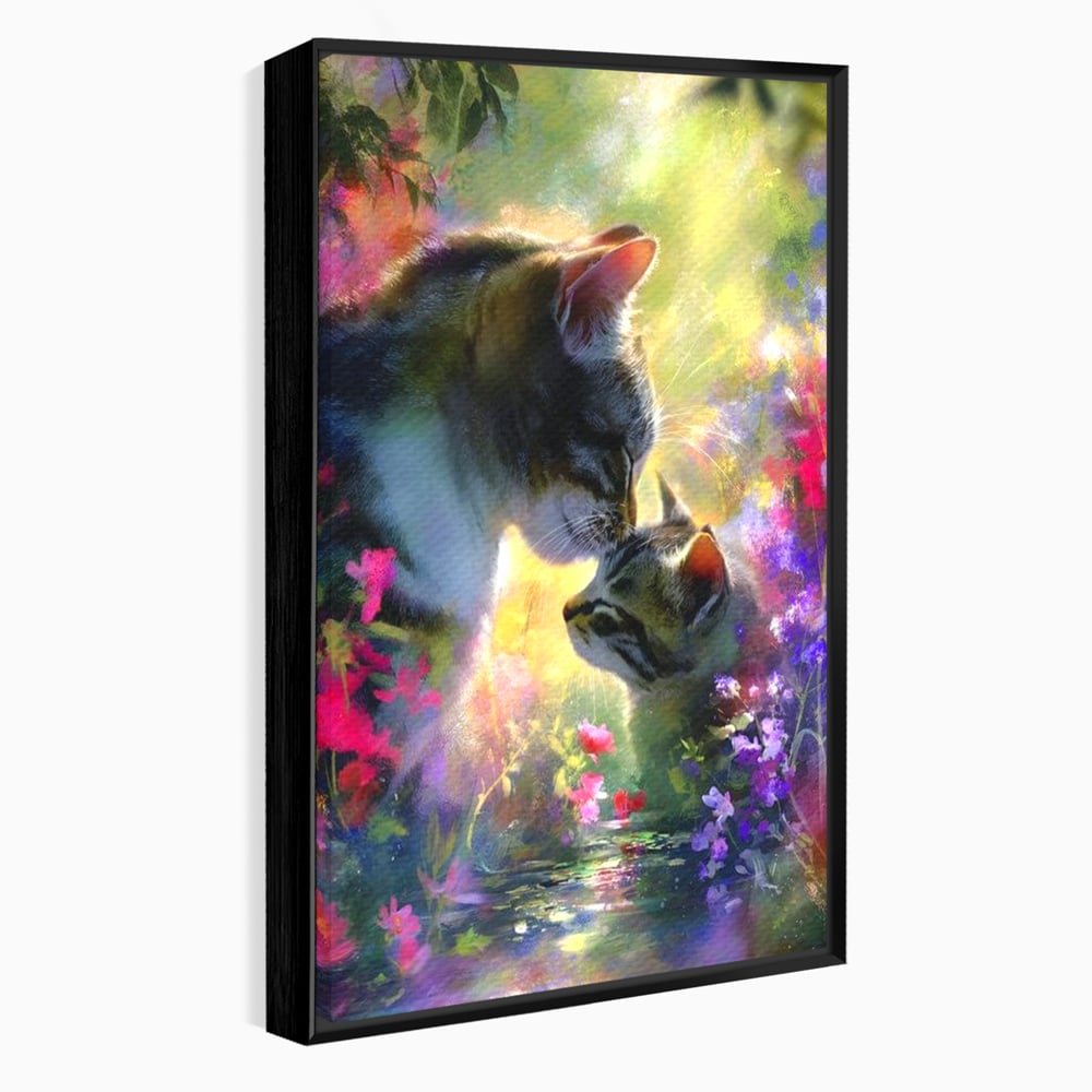 Leinwand Wandkunst Leinwand Wandkunst Premium, LuxCanva® M1508, Ein Moment der Zärtlichkeit, Katzen, Garten, Blumen, Liebe, Mama, Mutti, Huhn, Familie, Paradies, Schlafzimmer, Büro, Wohnen, Babyzimmer