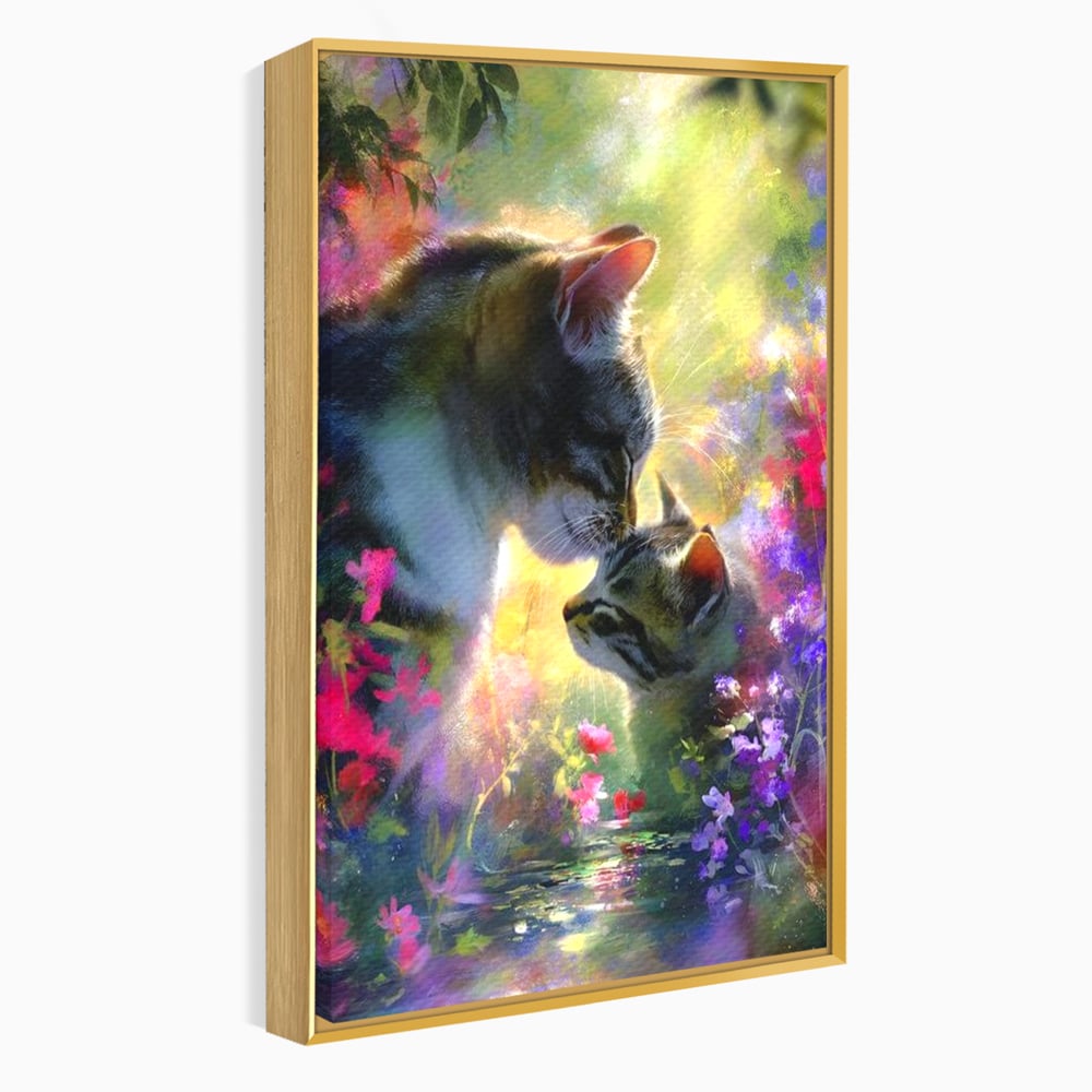 Leinwand Wandkunst Leinwand Wandkunst Premium, LuxCanva® M1508, Ein Moment der Zärtlichkeit, Katzen, Garten, Blumen, Liebe, Mama, Mutti, Huhn, Familie, Paradies, Schlafzimmer, Büro, Wohnen, Babyzimmer