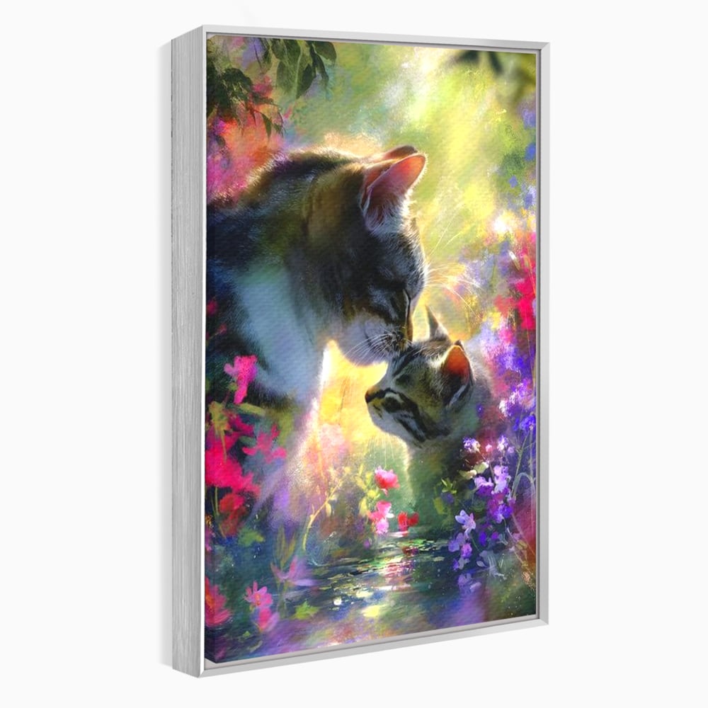 Leinwand Wandkunst Leinwand Wandkunst Premium, LuxCanva® M1508, Ein Moment der Zärtlichkeit, Katzen, Garten, Blumen, Liebe, Mama, Mutti, Huhn, Familie, Paradies, Schlafzimmer, Büro, Wohnen, Babyzimmer