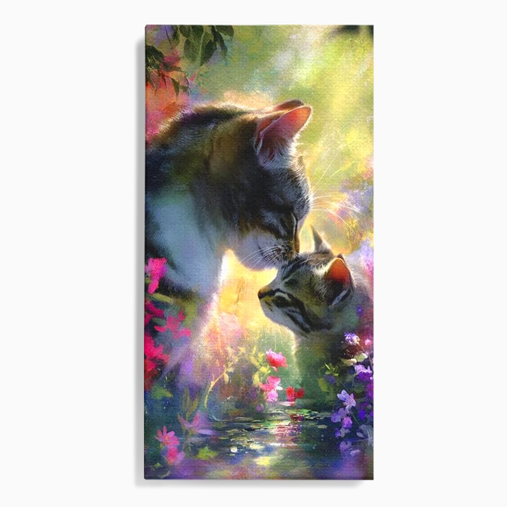 Leinwand Wandkunst Leinwand Wandkunst Premium, LuxCanva® M1508, Ein Moment der Zärtlichkeit, Katzen, Garten, Blumen, Liebe, Mama, Mutti, Huhn, Familie, Paradies, Schlafzimmer, Büro, Wohnen, Babyzimmer