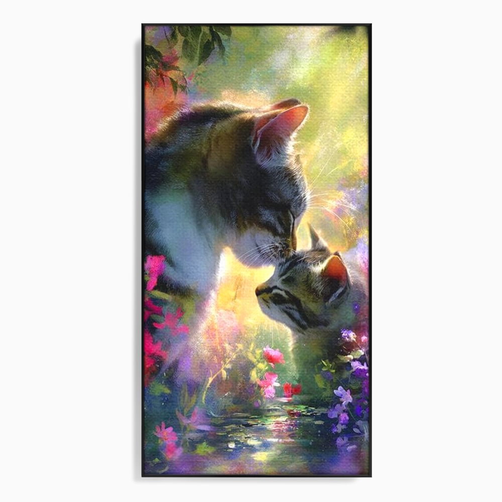 Leinwand Wandkunst Leinwand Wandkunst Premium, LuxCanva® M1508, Ein Moment der Zärtlichkeit, Katzen, Garten, Blumen, Liebe, Mama, Mutti, Huhn, Familie, Paradies, Schlafzimmer, Büro, Wohnen, Babyzimmer