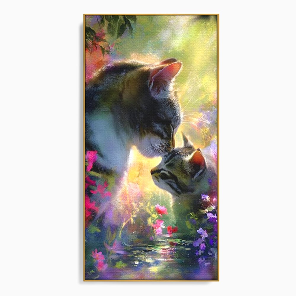 Leinwand Wandkunst Leinwand Wandkunst Premium, LuxCanva® M1508, Ein Moment der Zärtlichkeit, Katzen, Garten, Blumen, Liebe, Mama, Mutti, Huhn, Familie, Paradies, Schlafzimmer, Büro, Wohnen, Babyzimmer