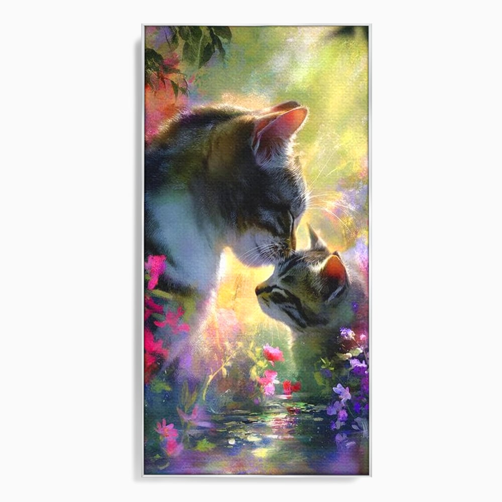 Leinwand Wandkunst Leinwand Wandkunst Premium, LuxCanva® M1508, Ein Moment der Zärtlichkeit, Katzen, Garten, Blumen, Liebe, Mama, Mutti, Huhn, Familie, Paradies, Schlafzimmer, Büro, Wohnen, Babyzimmer