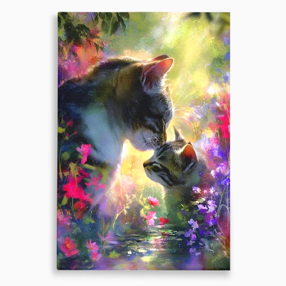Leinwand Wandkunst Leinwand Wandkunst Premium, LuxCanva® M1508, Ein Moment der Zärtlichkeit, Katzen, Garten, Blumen, Liebe, Mama, Mutti, Huhn, Familie, Paradies, Schlafzimmer, Büro, Wohnen, Babyzimmer