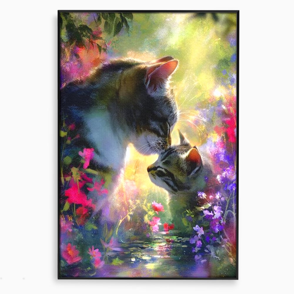 Leinwand Wandkunst Leinwand Wandkunst Premium, LuxCanva® M1508, Ein Moment der Zärtlichkeit, Katzen, Garten, Blumen, Liebe, Mama, Mutti, Huhn, Familie, Paradies, Schlafzimmer, Büro, Wohnen, Babyzimmer