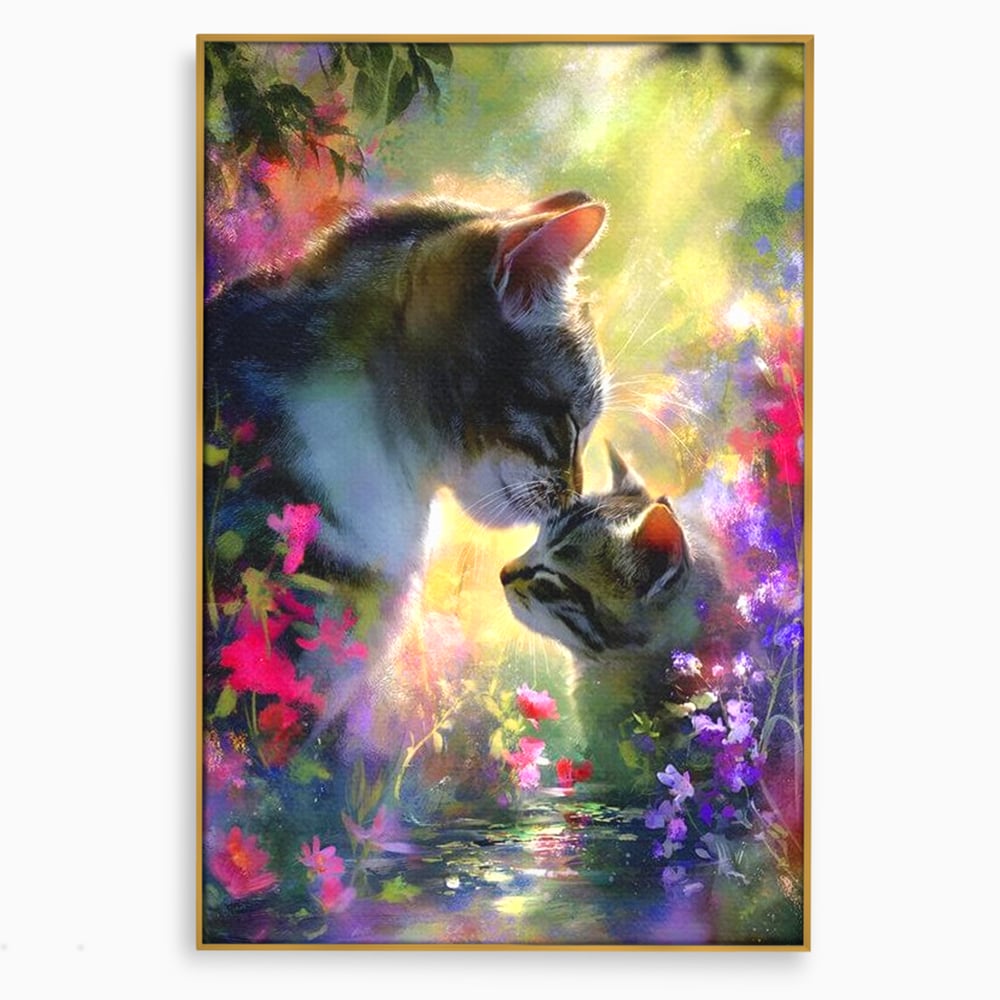 Leinwand Wandkunst Leinwand Wandkunst Premium, LuxCanva® M1508, Ein Moment der Zärtlichkeit, Katzen, Garten, Blumen, Liebe, Mama, Mutti, Huhn, Familie, Paradies, Schlafzimmer, Büro, Wohnen, Babyzimmer
