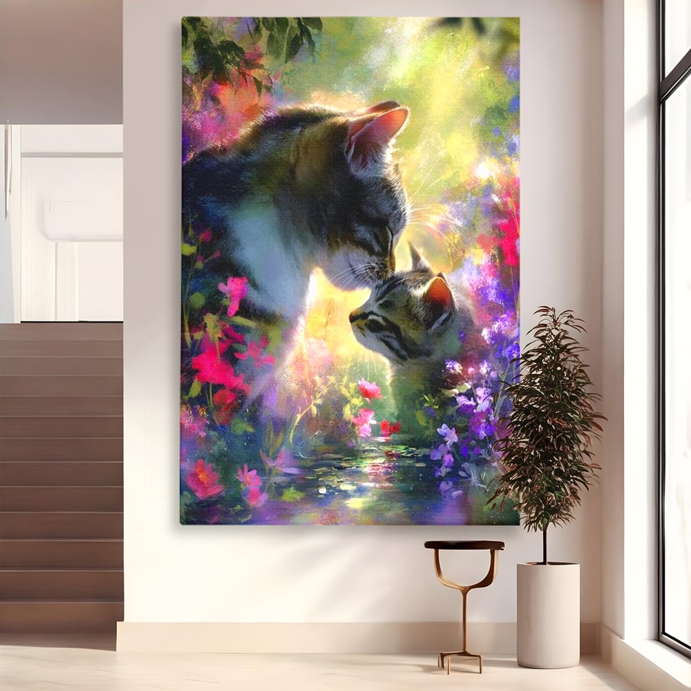 Leinwand Wandkunst Leinwand Wandkunst Premium, LuxCanva® M1508, Ein Moment der Zärtlichkeit, Katzen, Garten, Blumen, Liebe, Mama, Mutti, Huhn, Familie, Paradies, Schlafzimmer, Büro, Wohnen, Babyzimmer